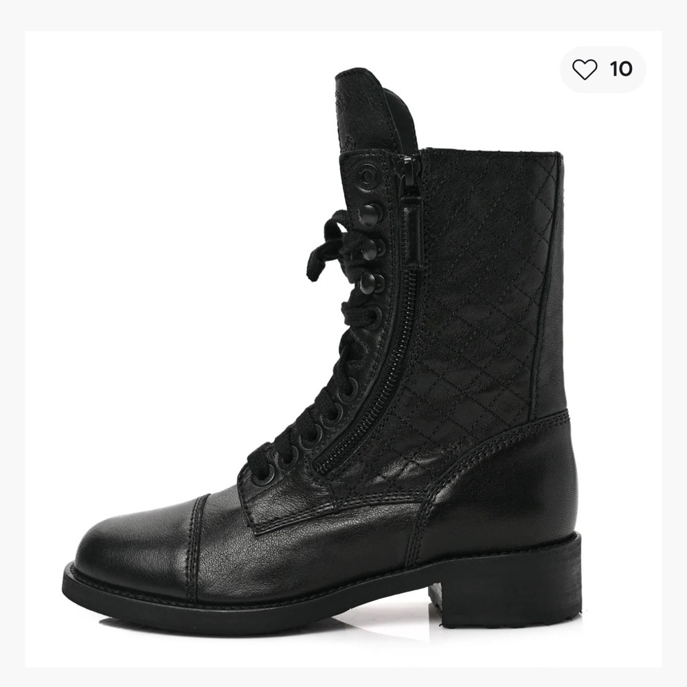Chanel Sheepskin Quilted CC Tall Lace Up  Combat Boots size 35.5 black